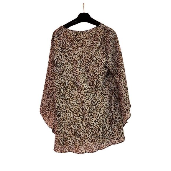 Susan Lucci Women's Tan Animal Print Semi Sheer Long Sleeve Tunic Blouse Large - Picture 3 of 6